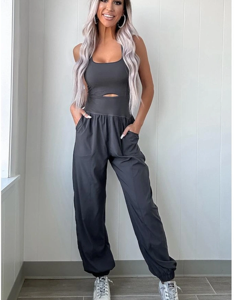 Carbon Grey Back Crossed Straps Hollow Out Jogger Jumpsuit