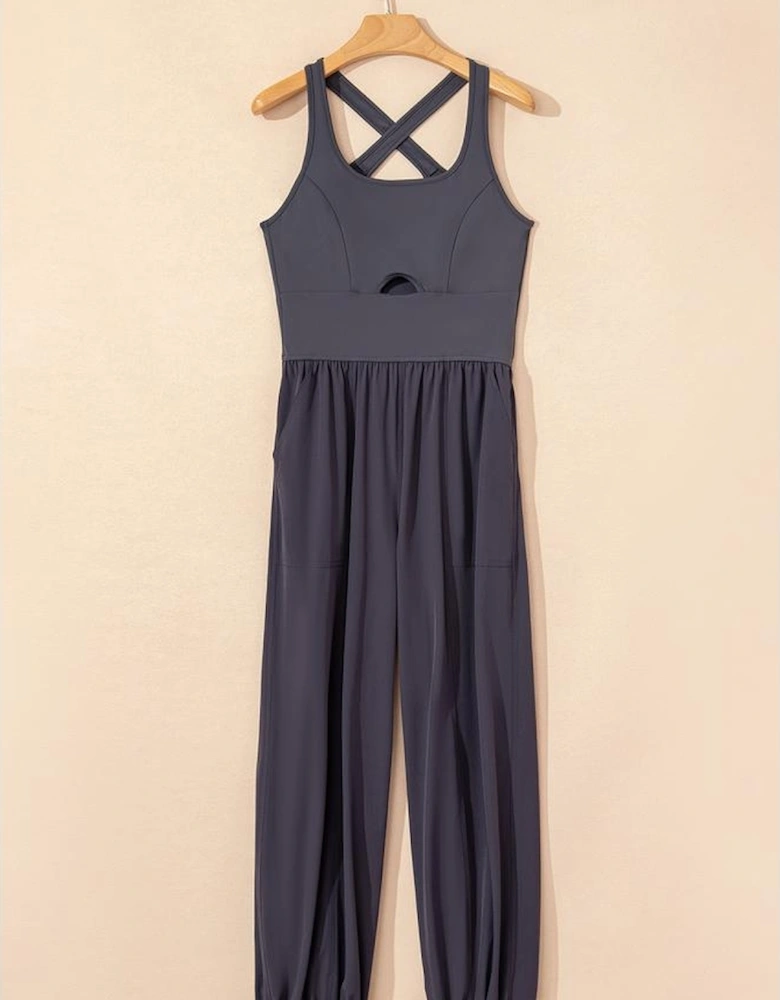 Carbon Grey Back Crossed Straps Hollow Out Jogger Jumpsuit