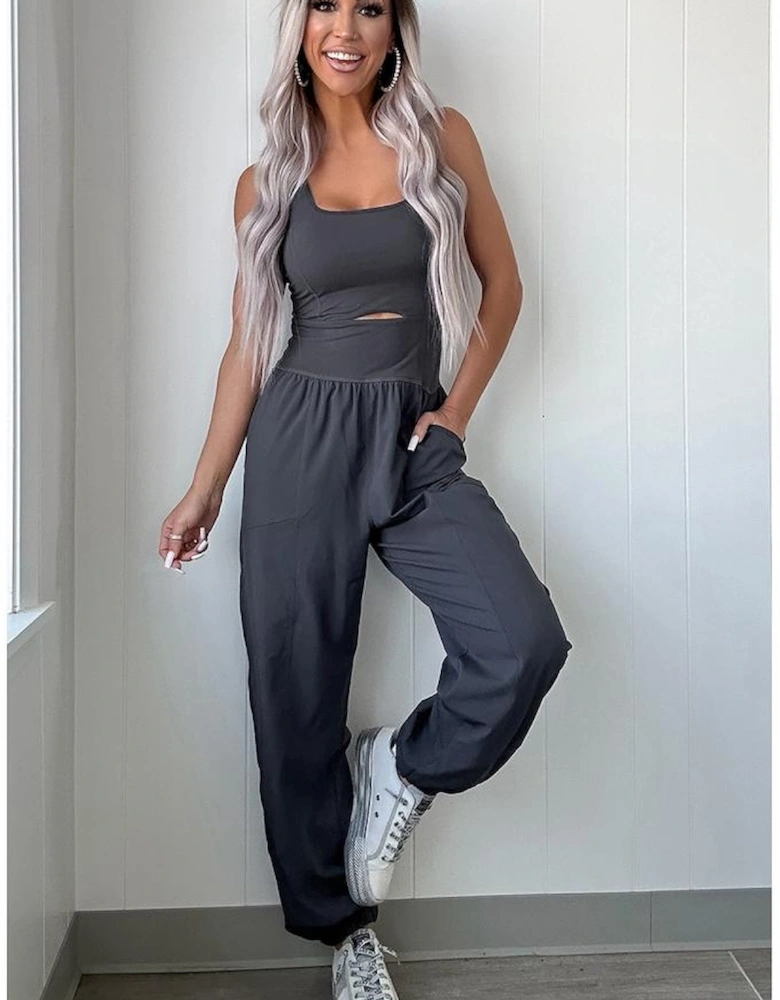 Carbon Grey Back Crossed Straps Hollow Out Jogger Jumpsuit