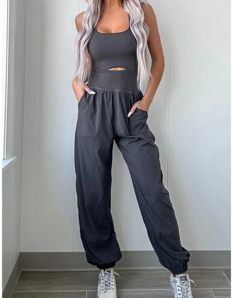 Carbon Grey Back Crossed Straps Hollow Out Jogger Jumpsuit