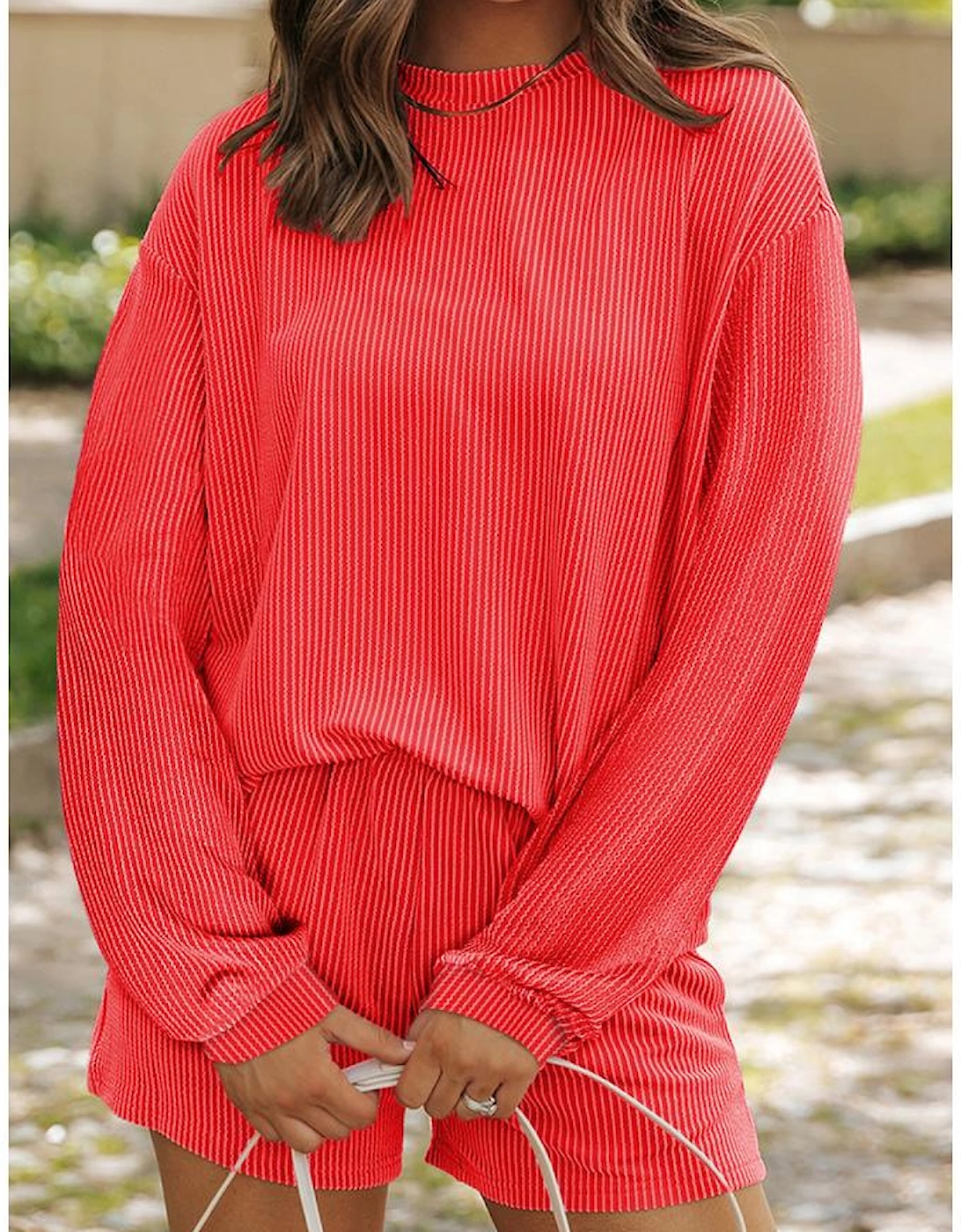 Casual Corded Knit Long Sleeve Top and High Waist Shorts Set, 10 of 9