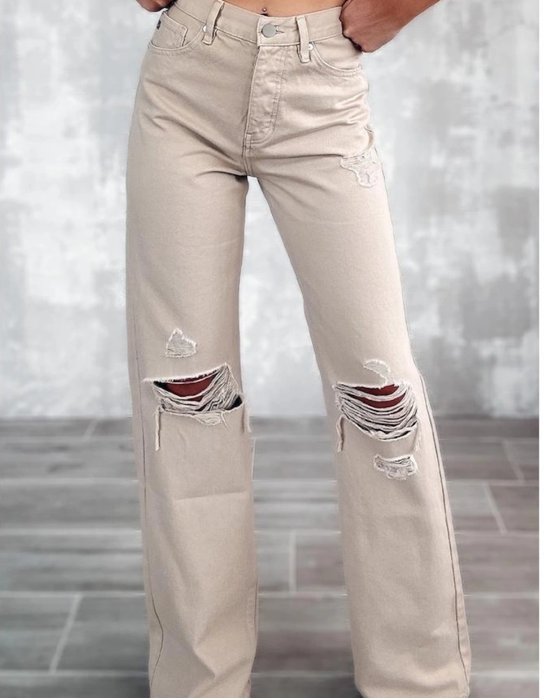 Khaki High Waist Ripped Wide-Leg Jeans