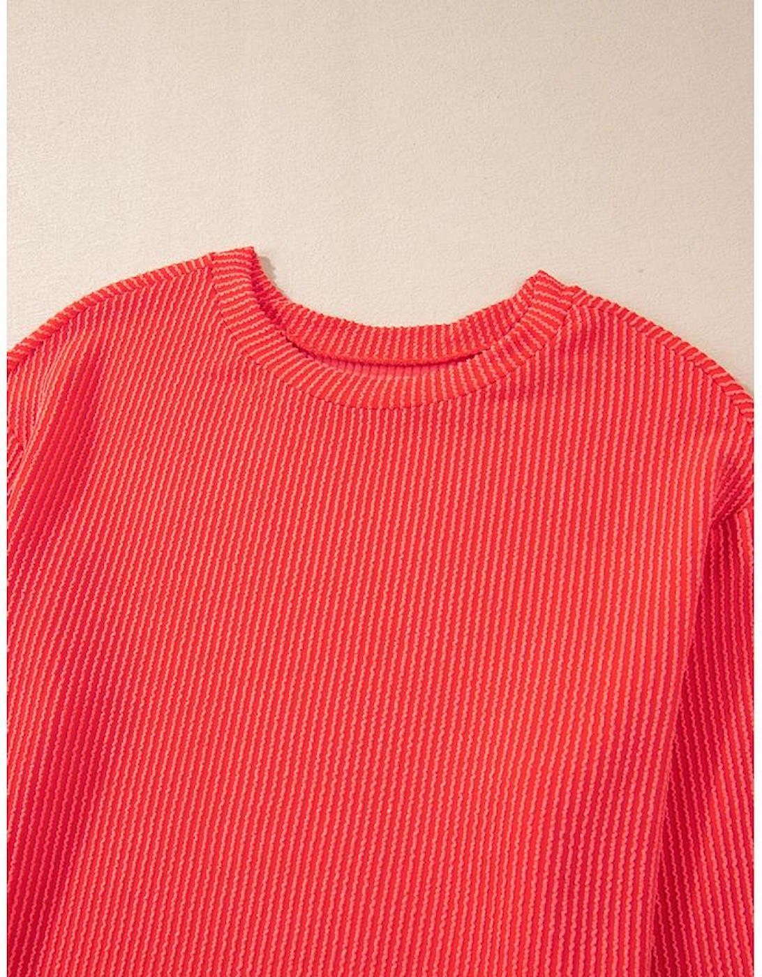 Casual Corded Knit Long Sleeve Top and High Waist Shorts Set