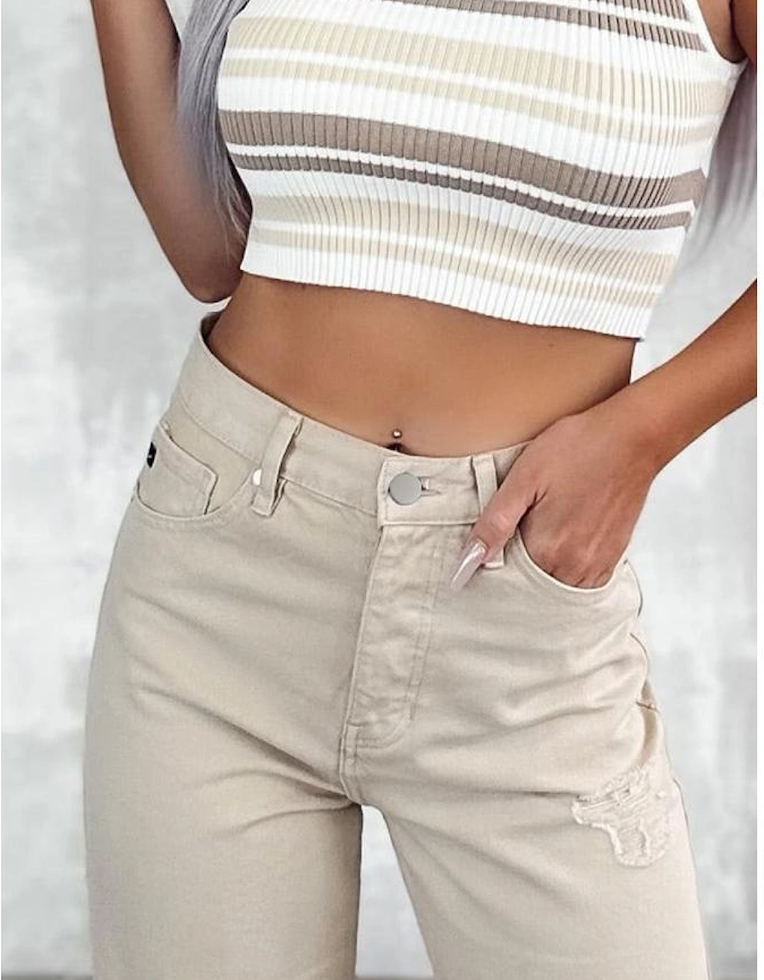 Khaki High Waist Ripped Wide-Leg Jeans