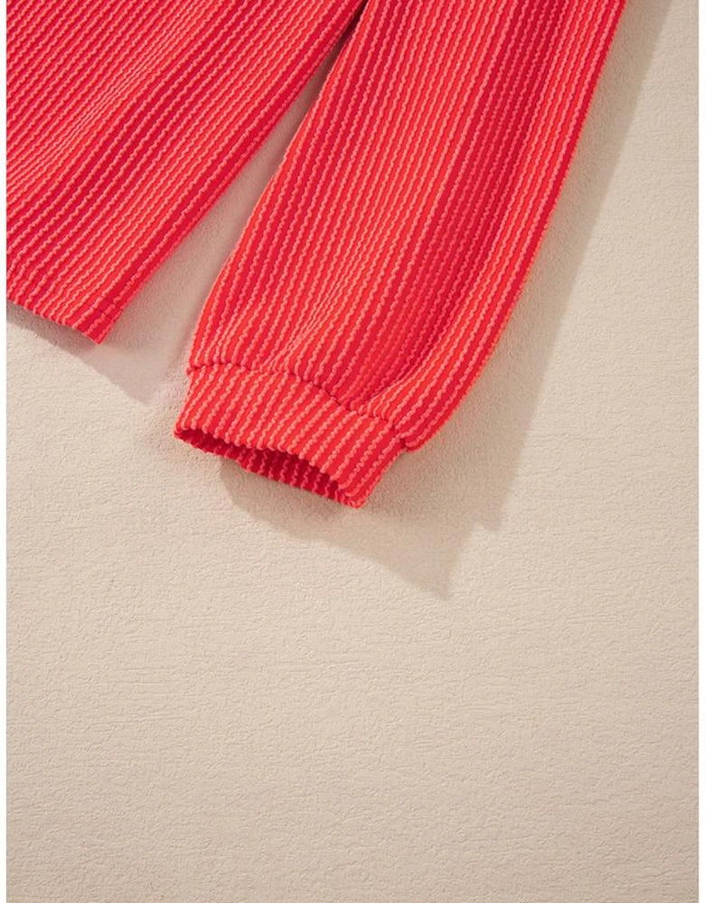 Casual Corded Knit Long Sleeve Top and High Waist Shorts Set