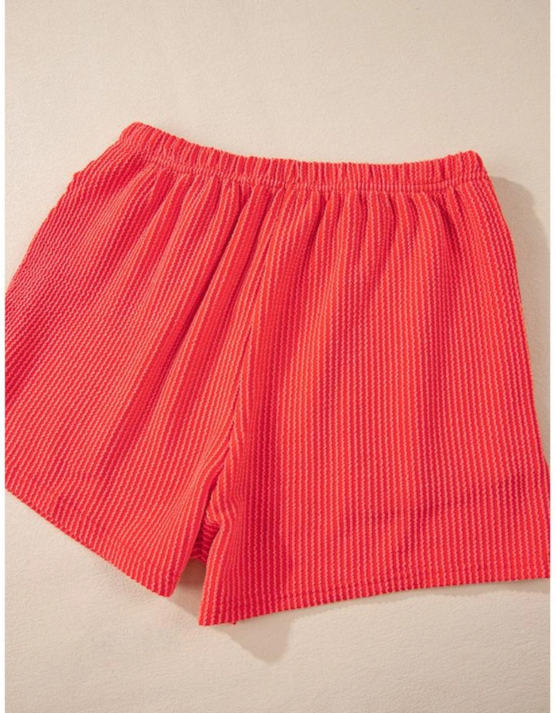 Casual Corded Knit Long Sleeve Top and High Waist Shorts Set