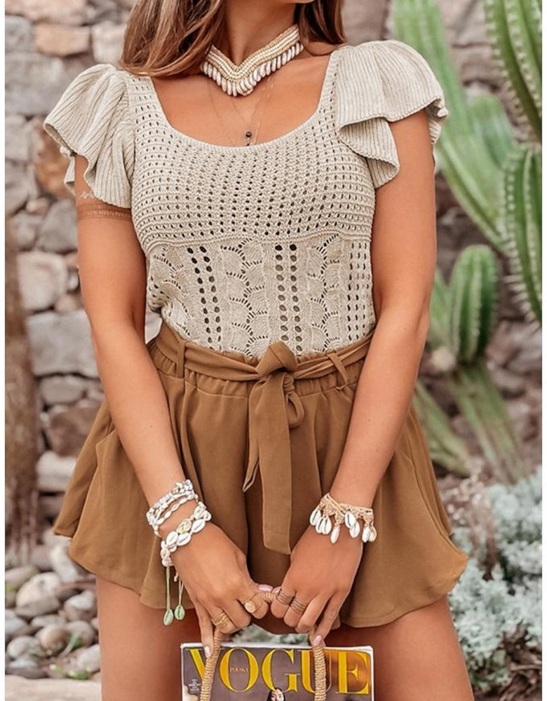 Beige Pointelle Knit Flutter Sleeve Sweater