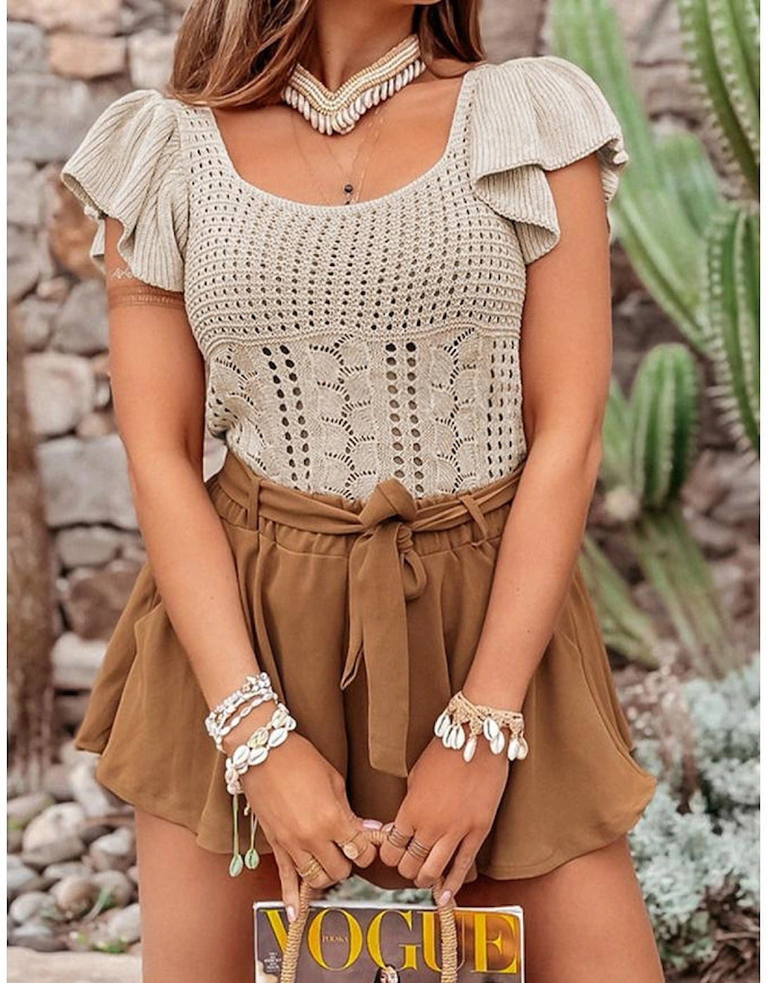 Beige Pointelle Knit Flutter Sleeve Sweater