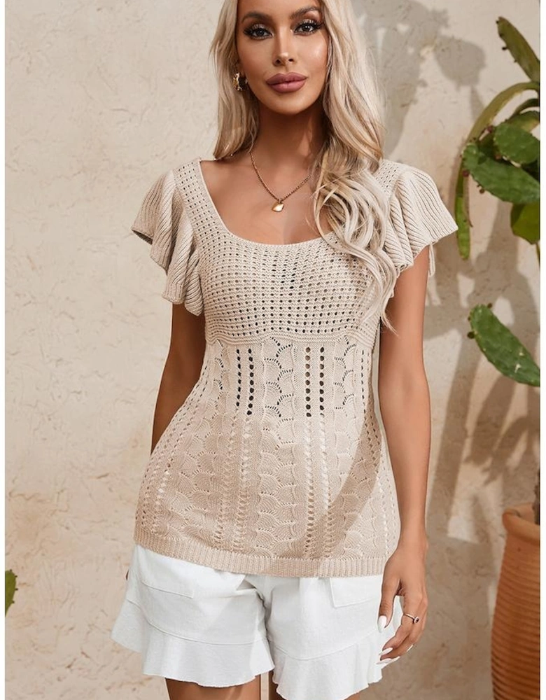 Beige Pointelle Knit Flutter Sleeve Sweater