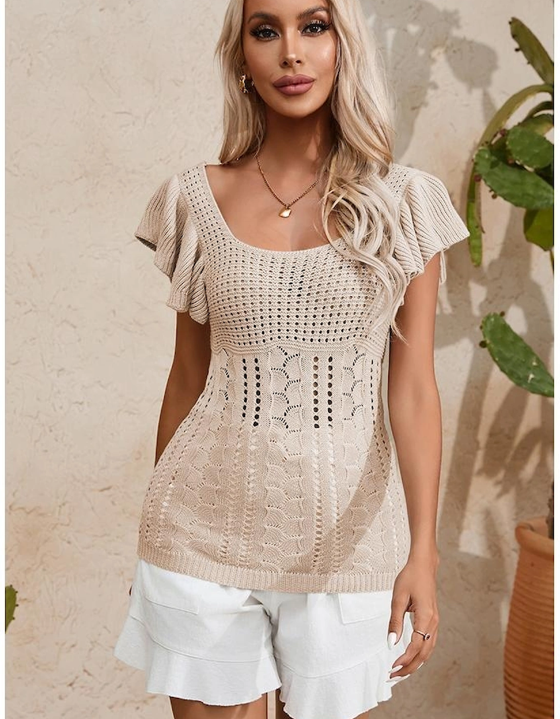 Beige Pointelle Knit Flutter Sleeve Sweater