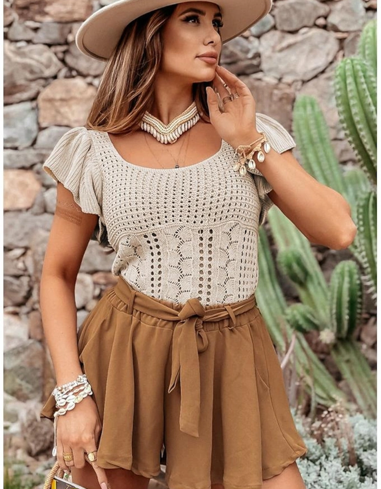 Beige Pointelle Knit Flutter Sleeve Sweater