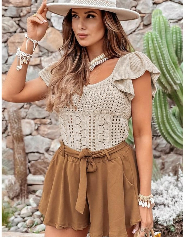 Beige Pointelle Knit Flutter Sleeve Sweater