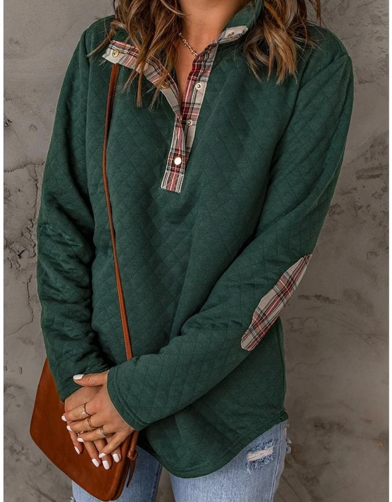 Green Geometric Texture Plaid Trim Sweatshirt