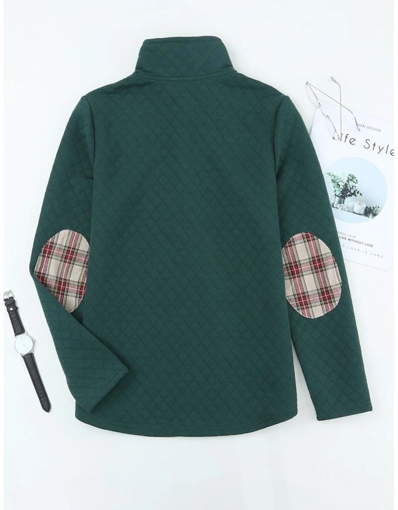Green Geometric Texture Plaid Trim Sweatshirt