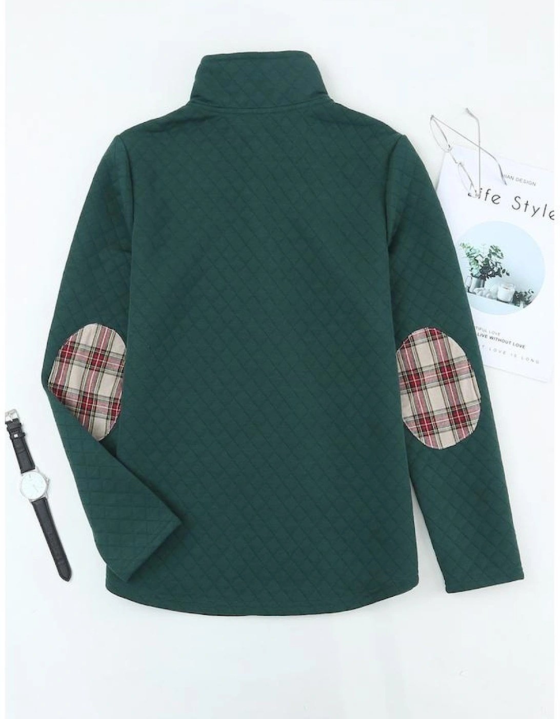 Green Geometric Texture Plaid Trim Sweatshirt