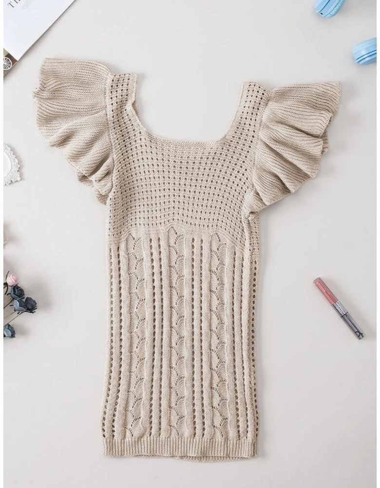 Beige Pointelle Knit Flutter Sleeve Sweater