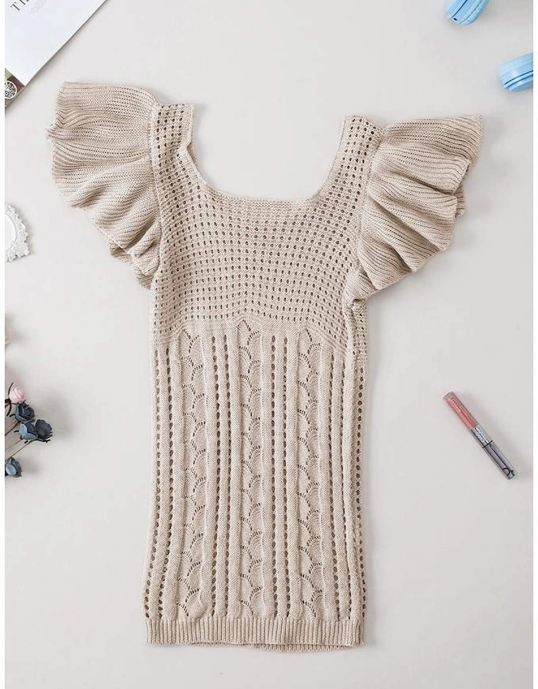 Beige Pointelle Knit Flutter Sleeve Sweater