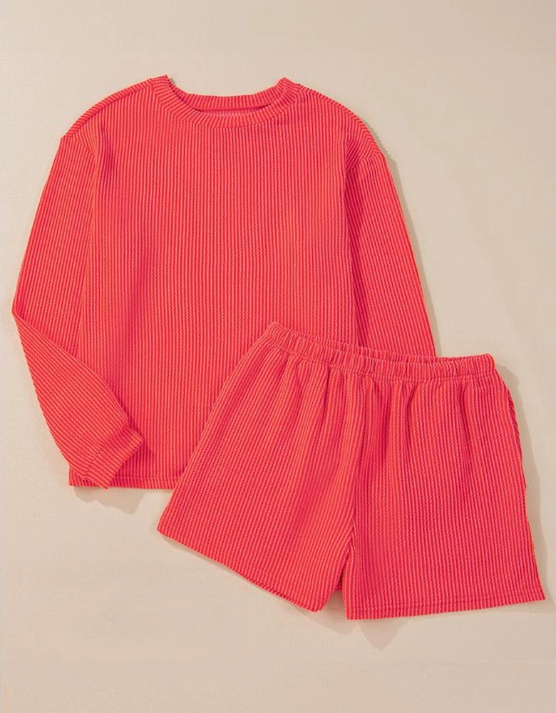Casual Corded Knit Long Sleeve Top and High Waist Shorts Set