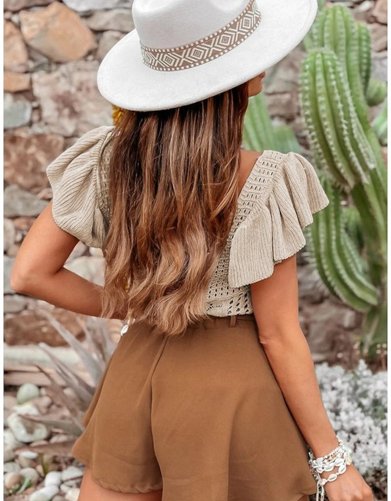 Beige Pointelle Knit Flutter Sleeve Sweater