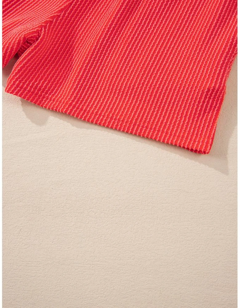 Casual Corded Knit Long Sleeve Top and High Waist Shorts Set