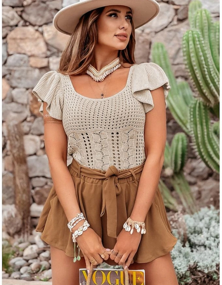 Beige Pointelle Knit Flutter Sleeve Sweater