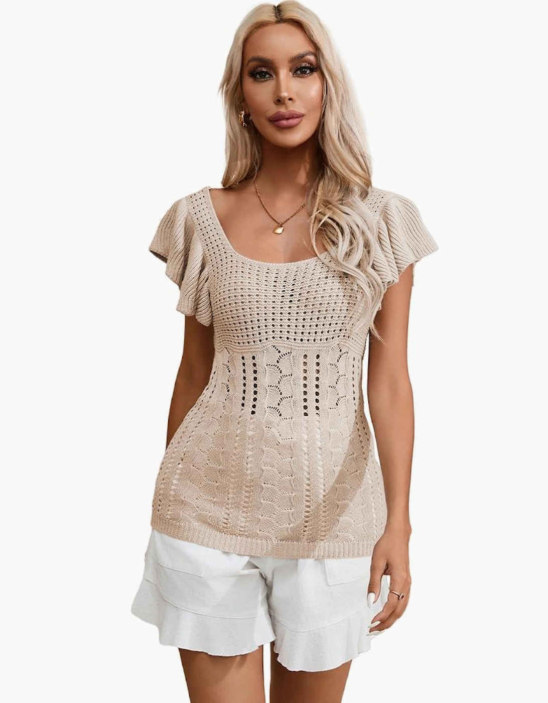 Beige Pointelle Knit Flutter Sleeve Sweater