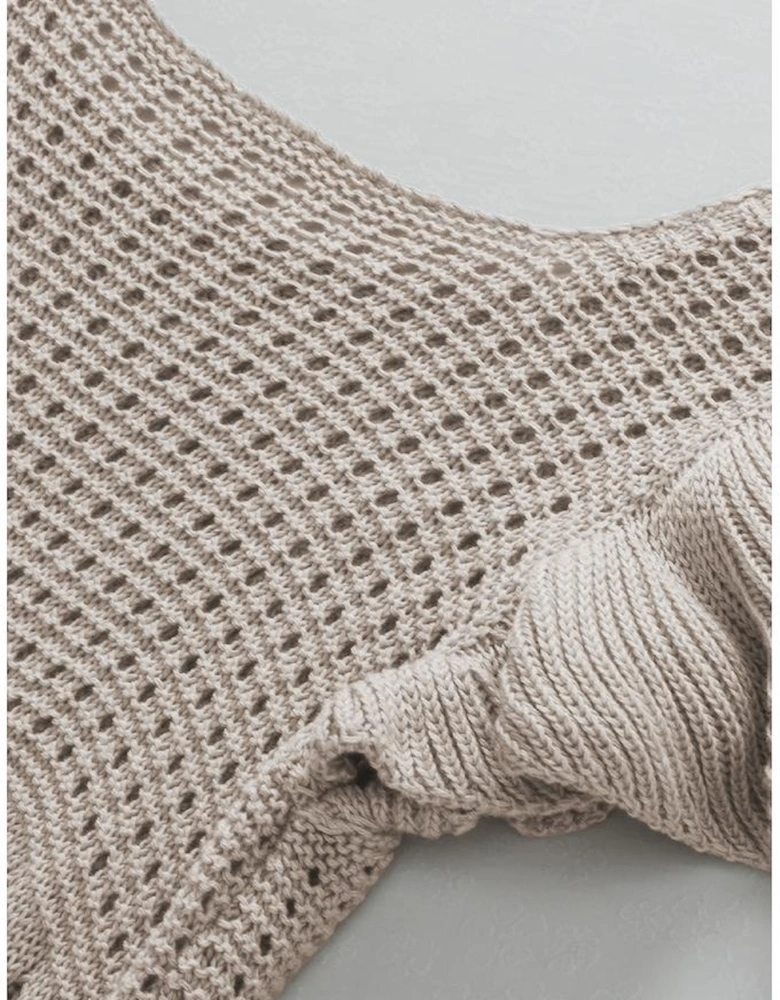 Beige Pointelle Knit Flutter Sleeve Sweater