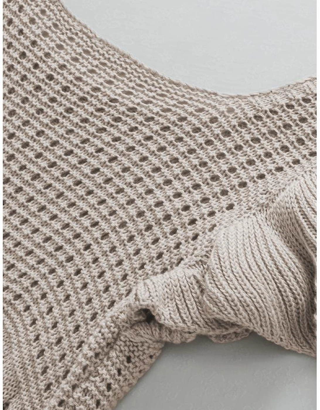 Beige Pointelle Knit Flutter Sleeve Sweater