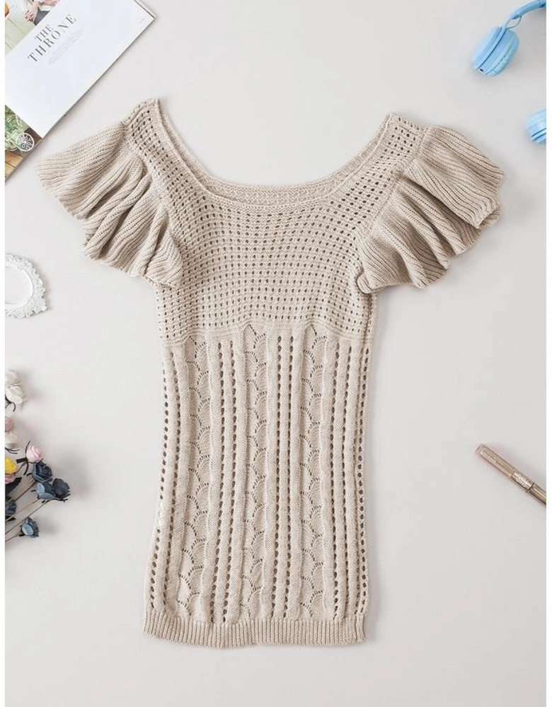 Beige Pointelle Knit Flutter Sleeve Sweater
