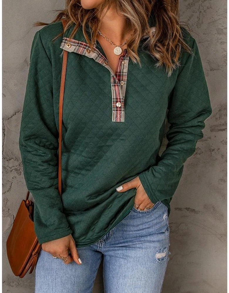 Green Geometric Texture Plaid Trim Sweatshirt