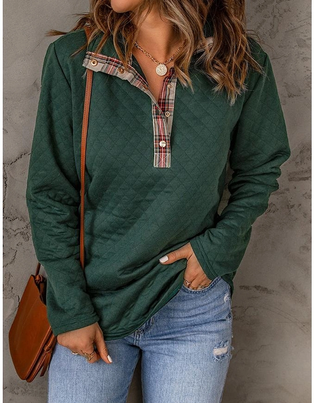 Green Geometric Texture Plaid Trim Sweatshirt, 16 of 15