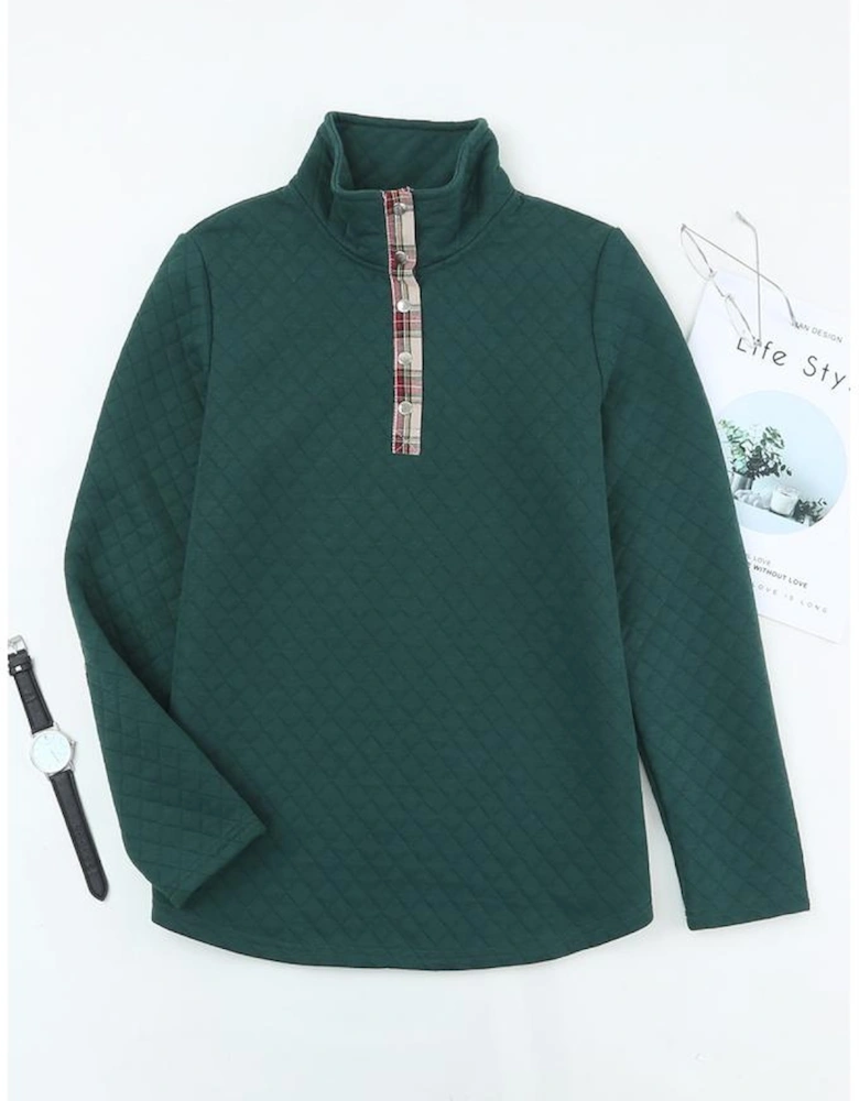 Green Geometric Texture Plaid Trim Sweatshirt