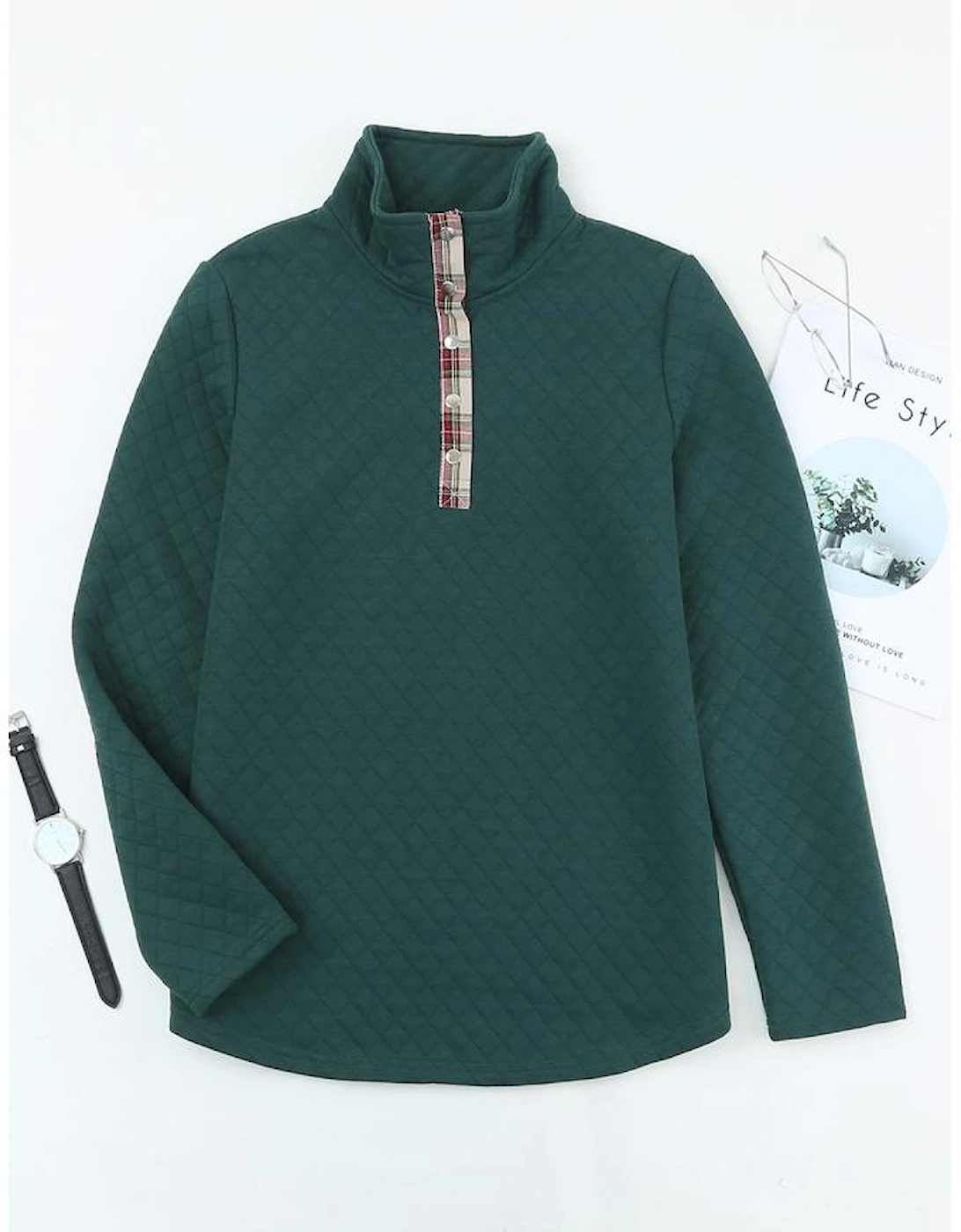 Green Geometric Texture Plaid Trim Sweatshirt