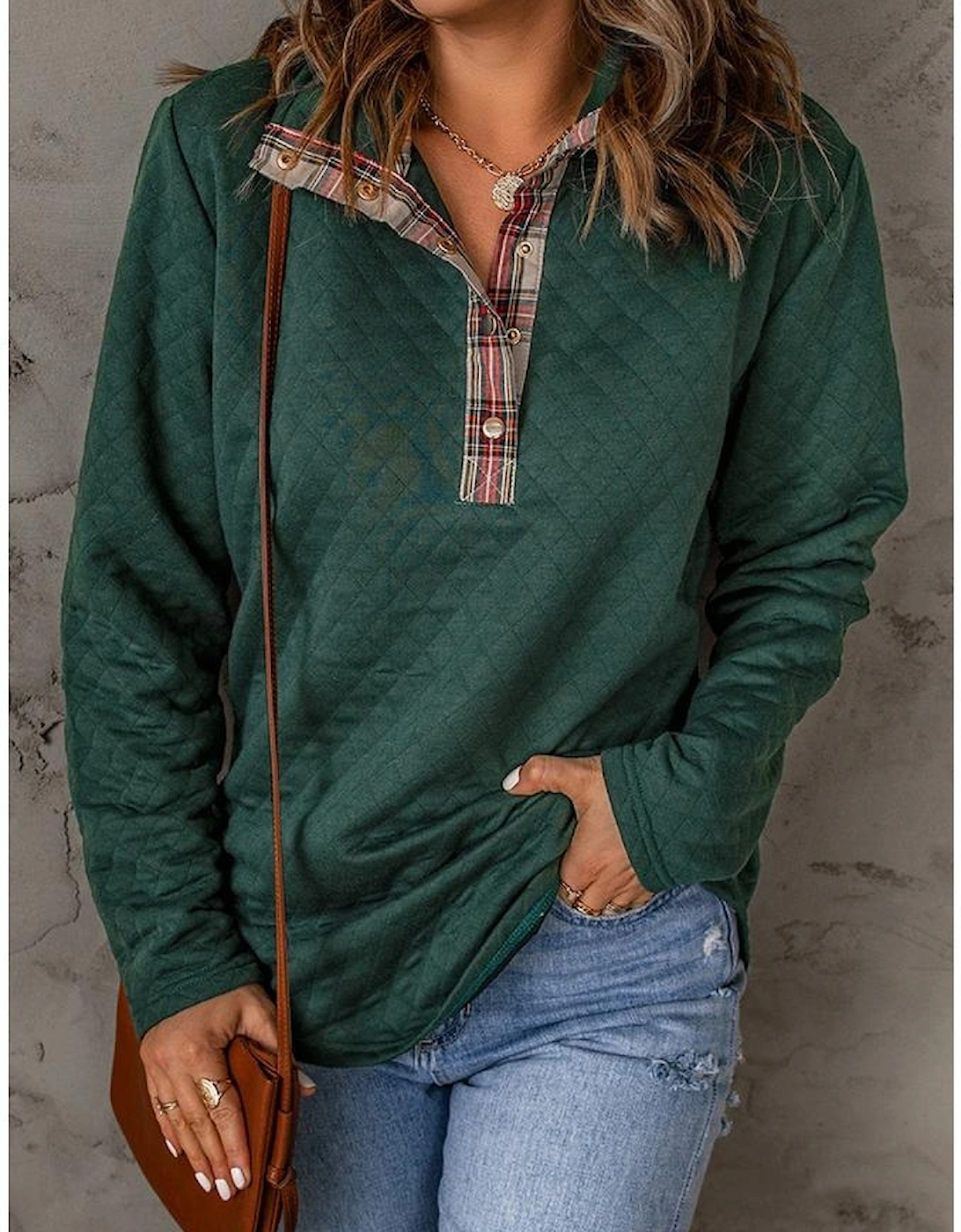 Green Geometric Texture Plaid Trim Sweatshirt