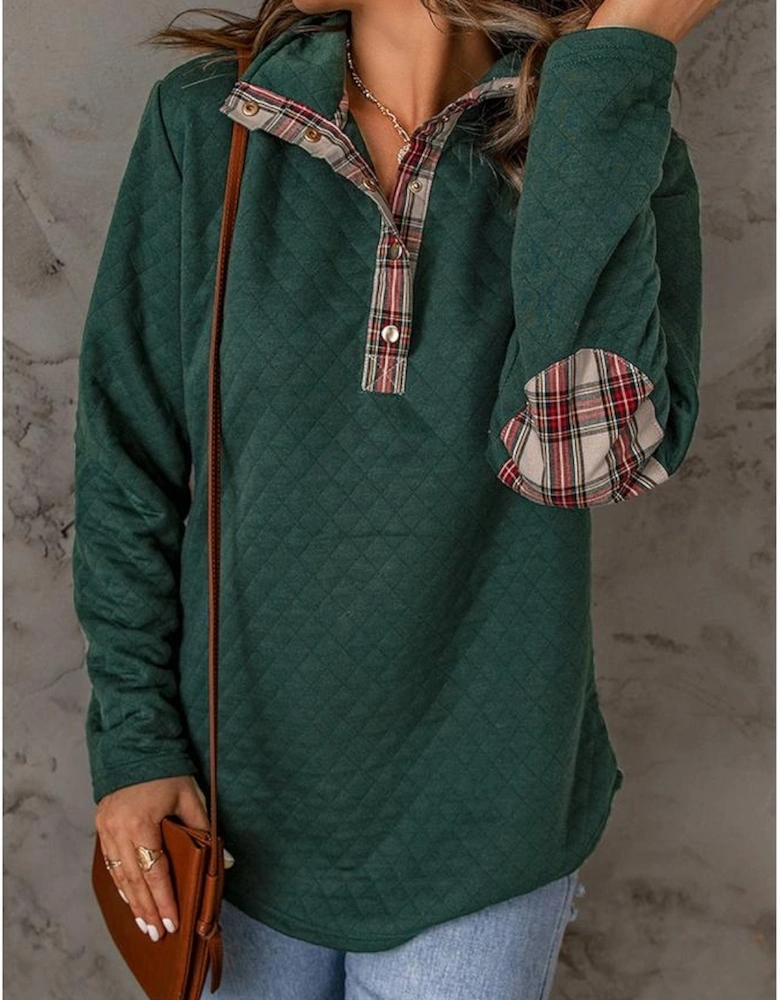 Green Geometric Texture Plaid Trim Sweatshirt