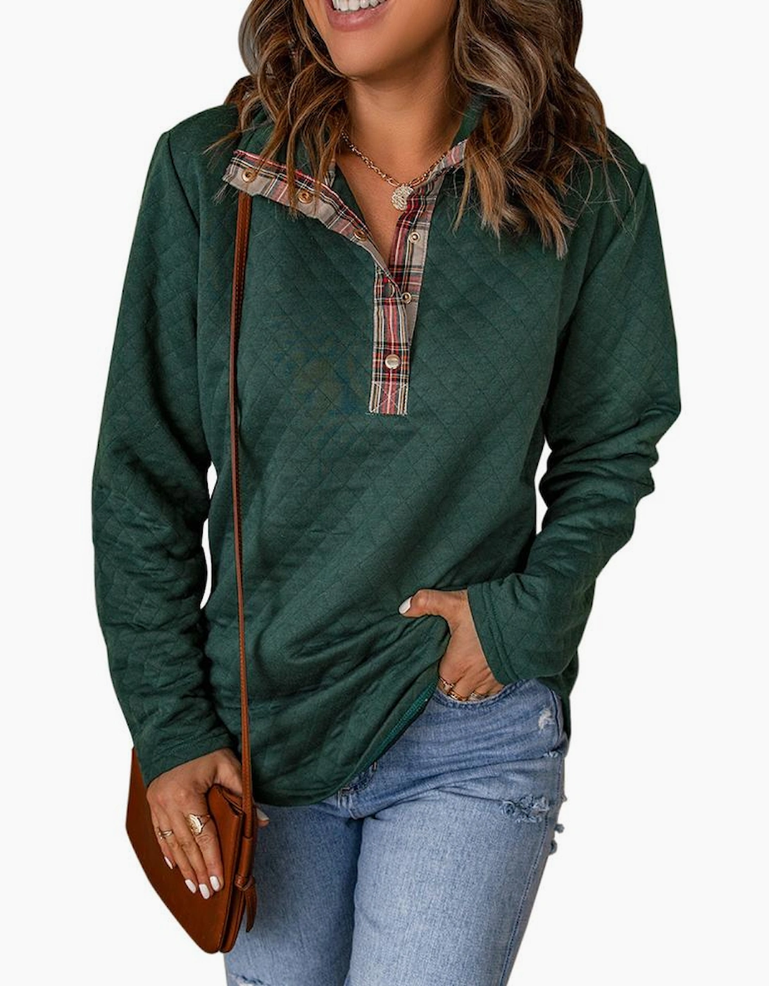 Green Geometric Texture Plaid Trim Sweatshirt