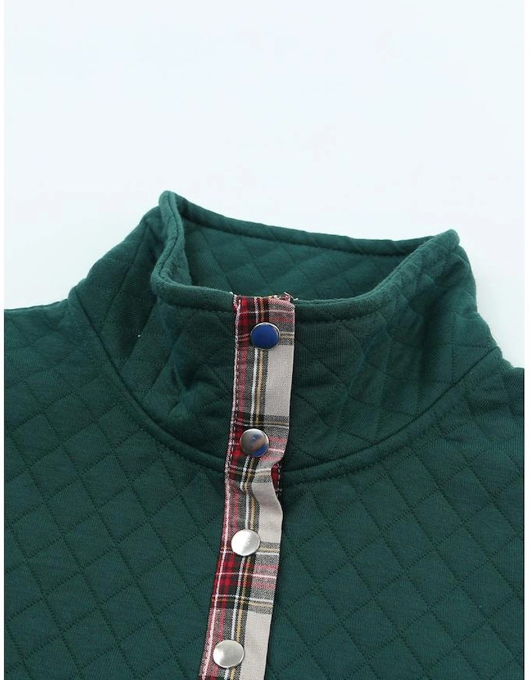 Green Geometric Texture Plaid Trim Sweatshirt