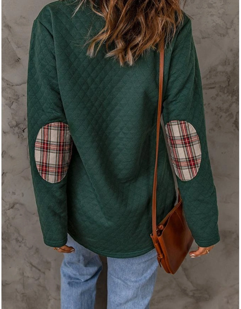 Green Geometric Texture Plaid Trim Sweatshirt