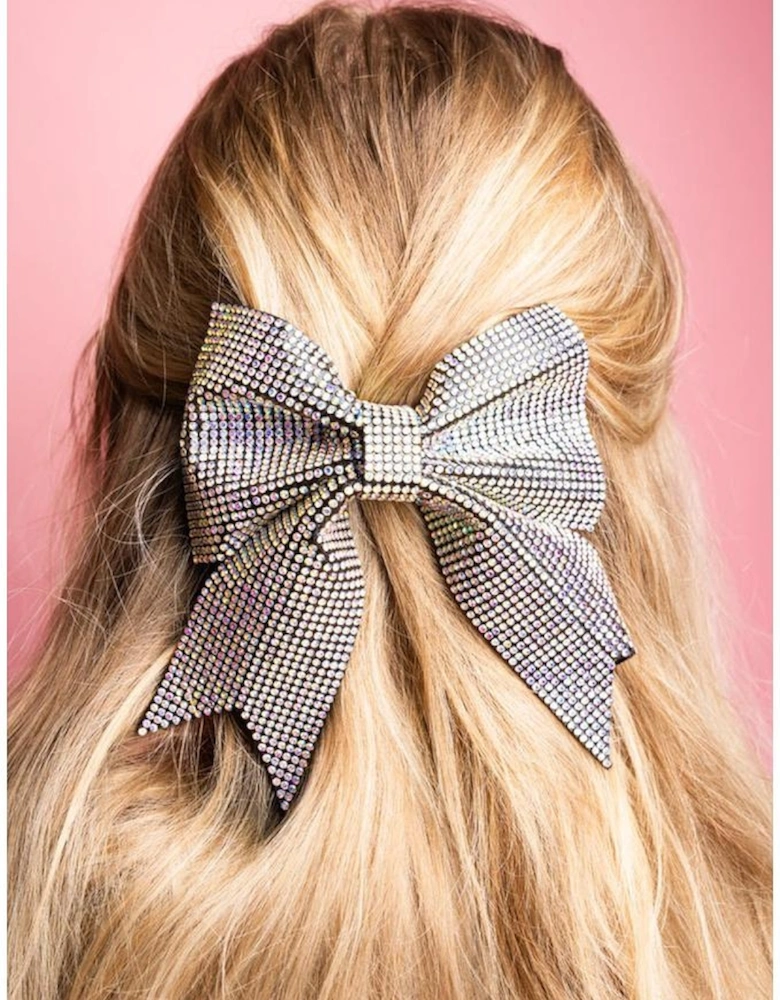 Silvery Rhinestone Large Bow Knot Hair Clip