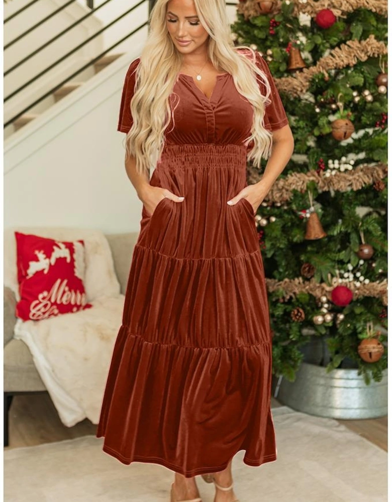 Chestnut Velvet Short Sleeve Shirred Waist Tiered Maxi Dress
