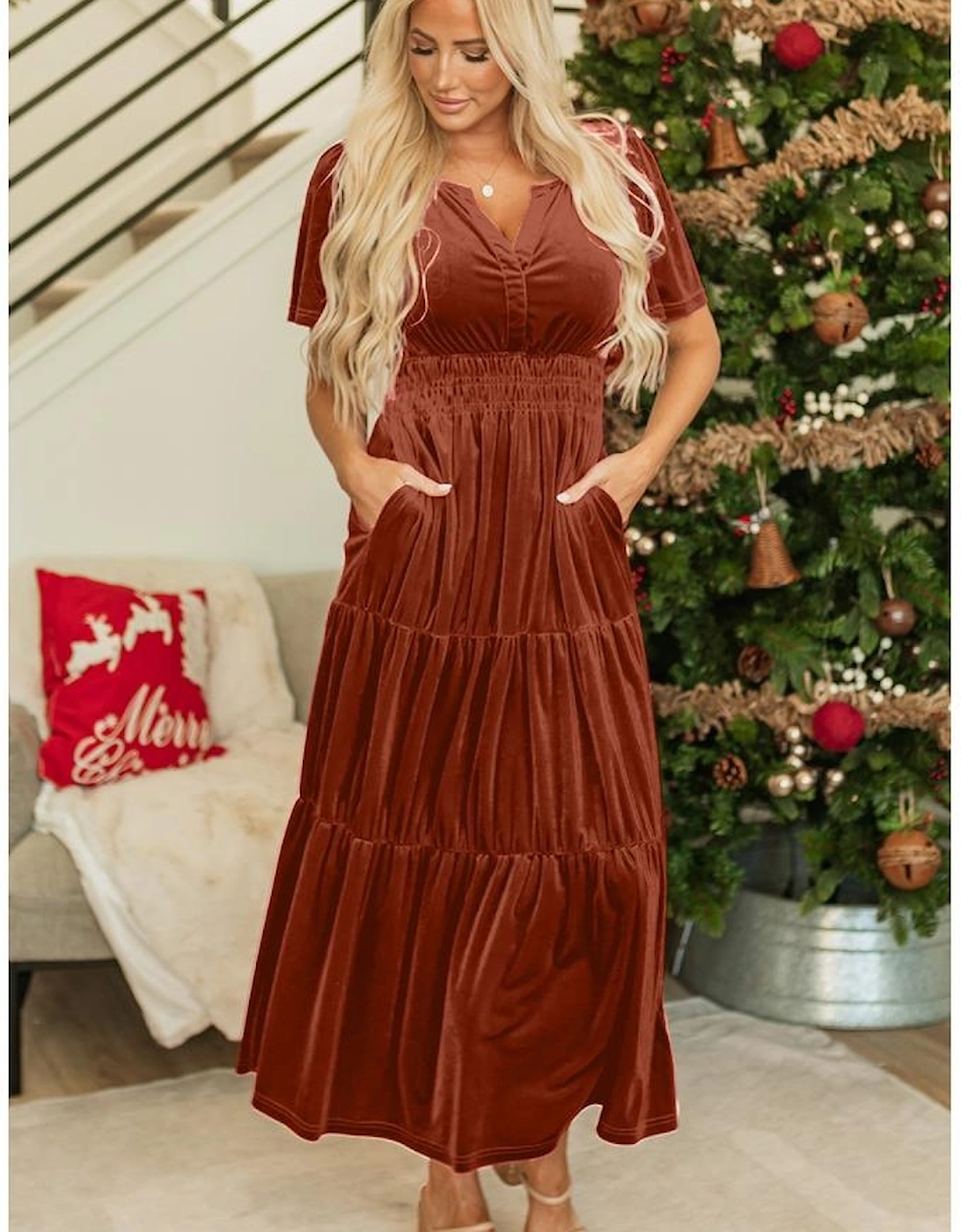 Chestnut Velvet Short Sleeve Shirred Waist Tiered Maxi Dress