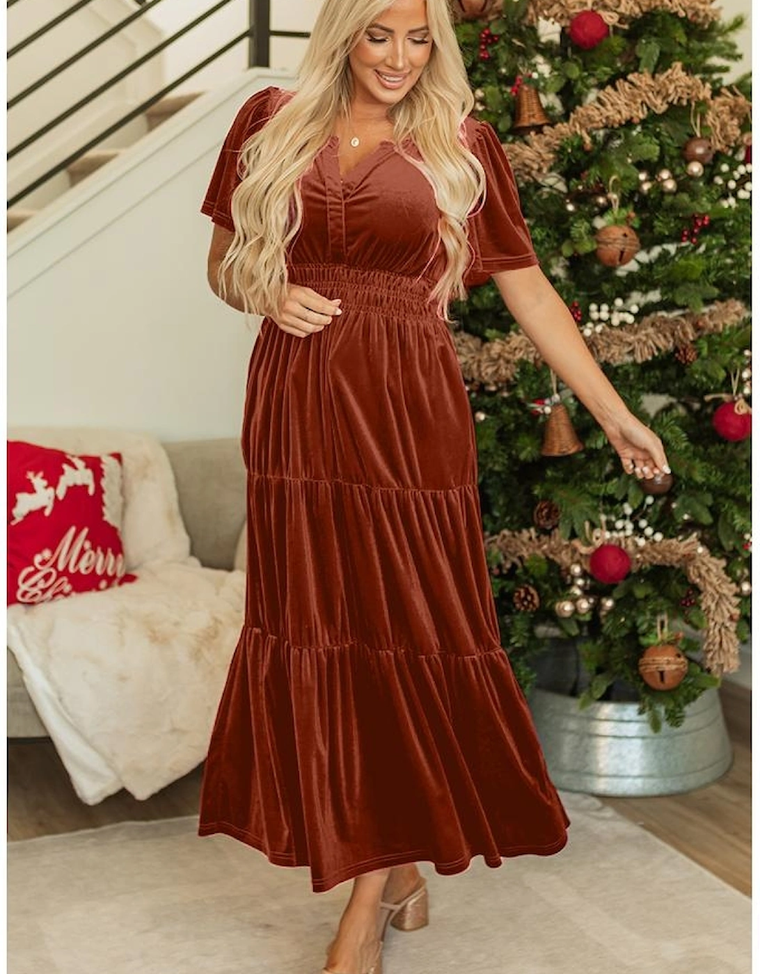 Chestnut Velvet Short Sleeve Shirred Waist Tiered Maxi Dress