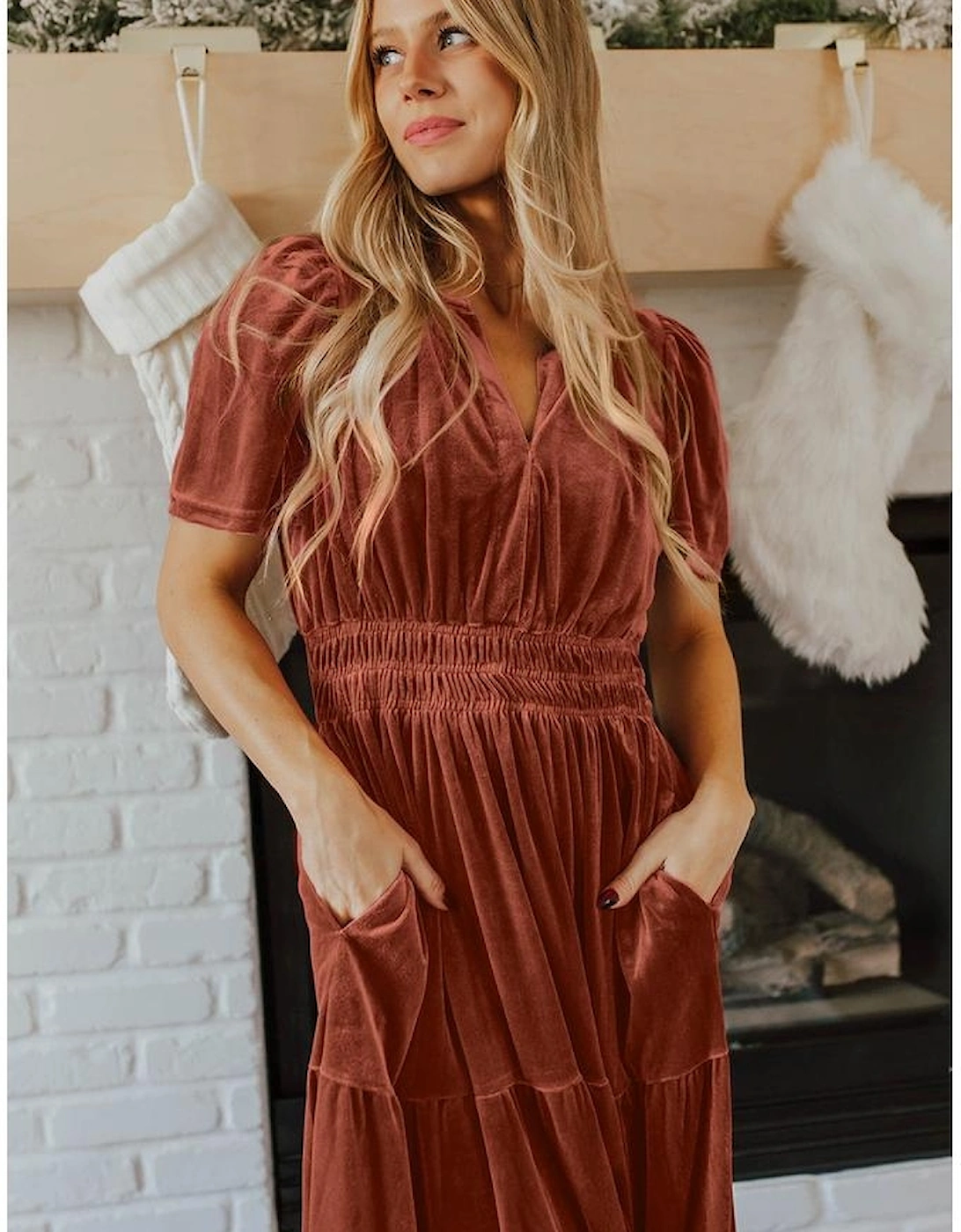 Chestnut Velvet Short Sleeve Shirred Waist Tiered Maxi Dress