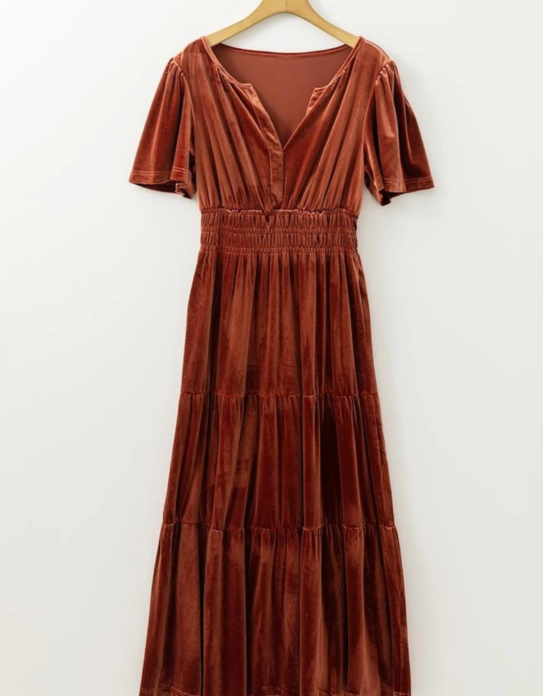Chestnut Velvet Short Sleeve Shirred Waist Tiered Maxi Dress