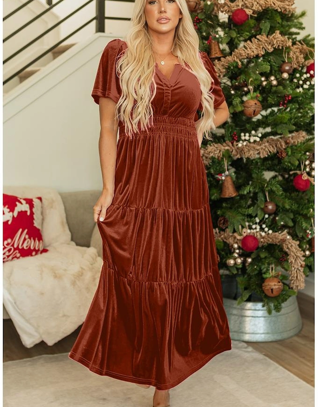 Chestnut Velvet Short Sleeve Shirred Waist Tiered Maxi Dress