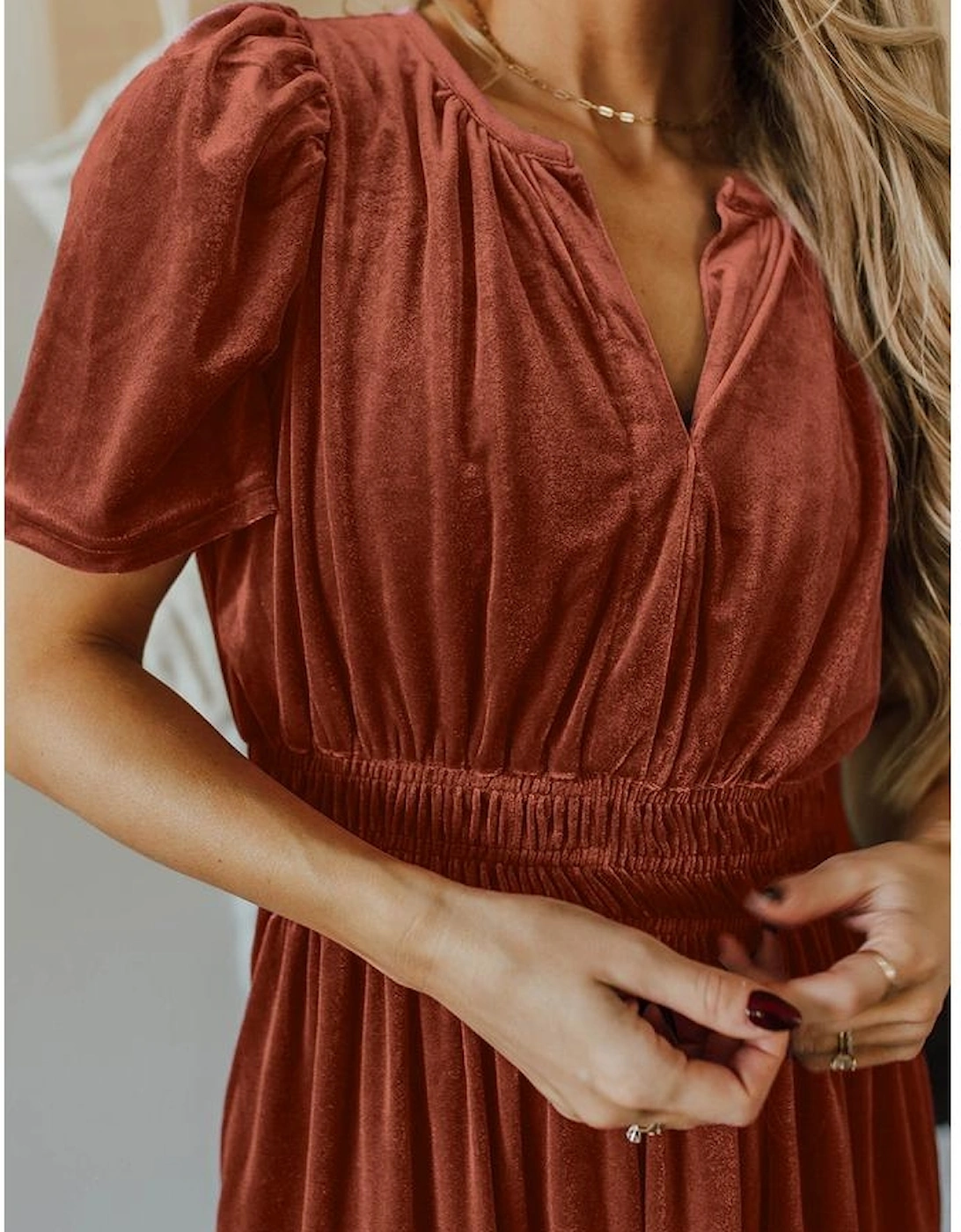 Chestnut Velvet Short Sleeve Shirred Waist Tiered Maxi Dress