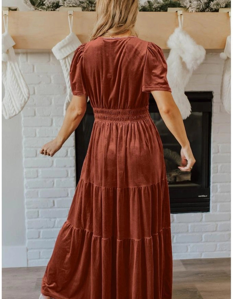 Chestnut Velvet Short Sleeve Shirred Waist Tiered Maxi Dress