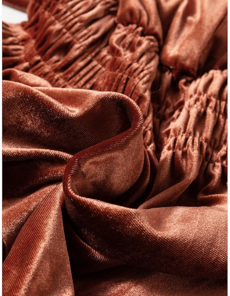 Chestnut Velvet Short Sleeve Shirred Waist Tiered Maxi Dress