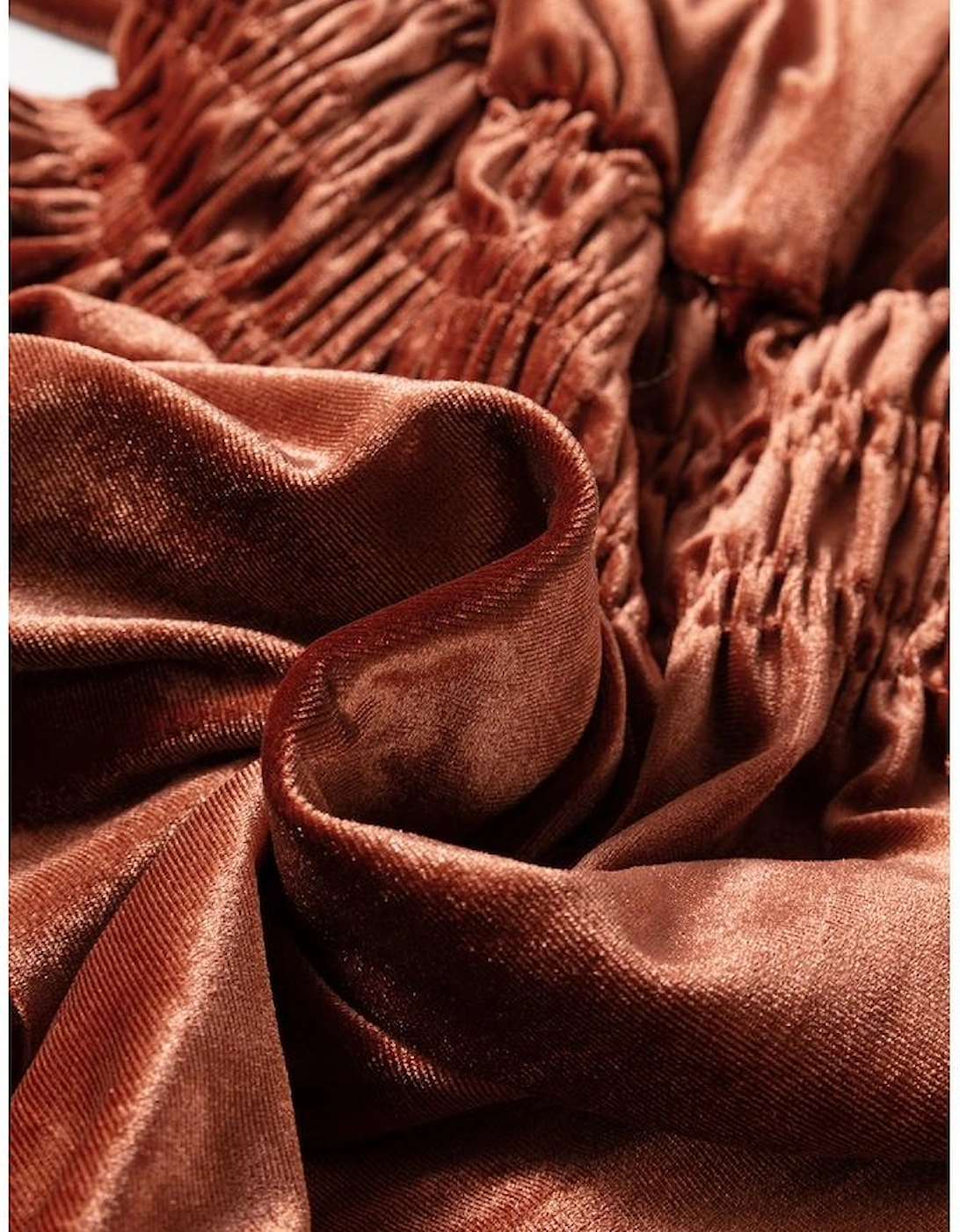 Chestnut Velvet Short Sleeve Shirred Waist Tiered Maxi Dress
