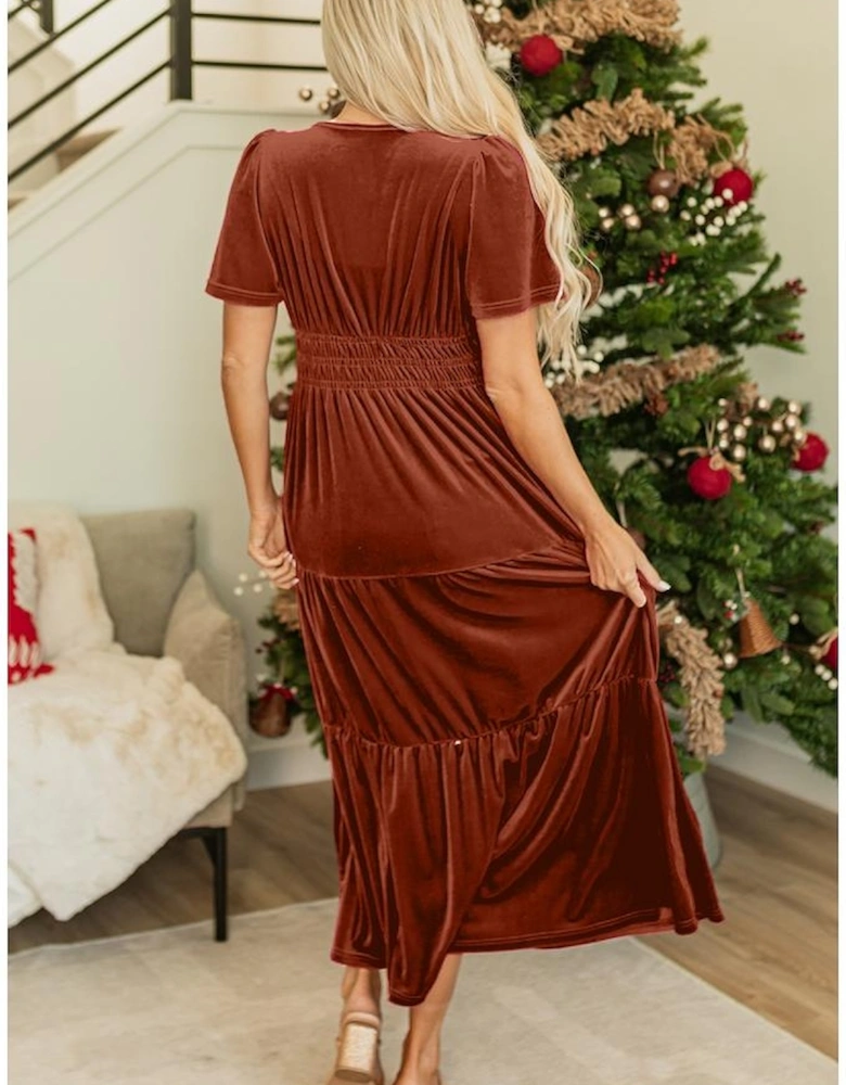 Chestnut Velvet Short Sleeve Shirred Waist Tiered Maxi Dress
